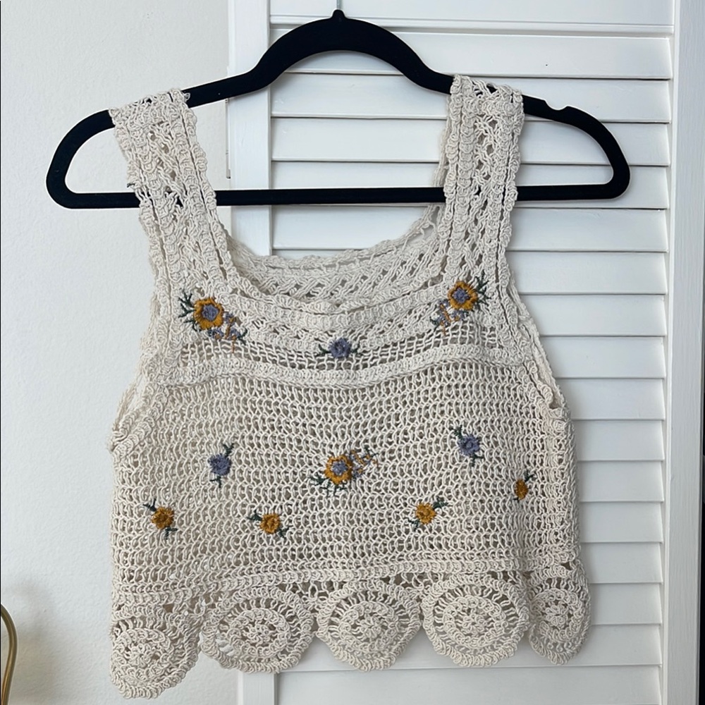 Cream Cropped Embellished Tank Top